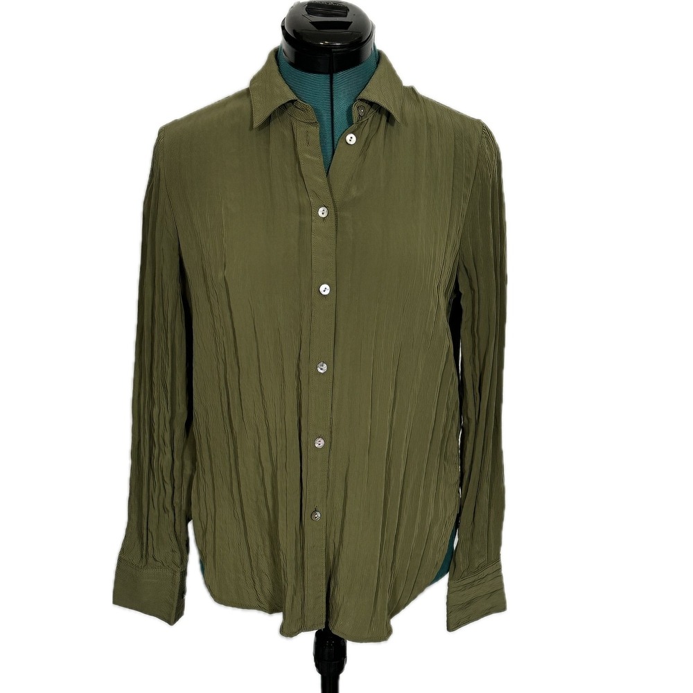 Madewell Crinkled Button Up Shirt Small Olive Green NN598 Long Sleeve